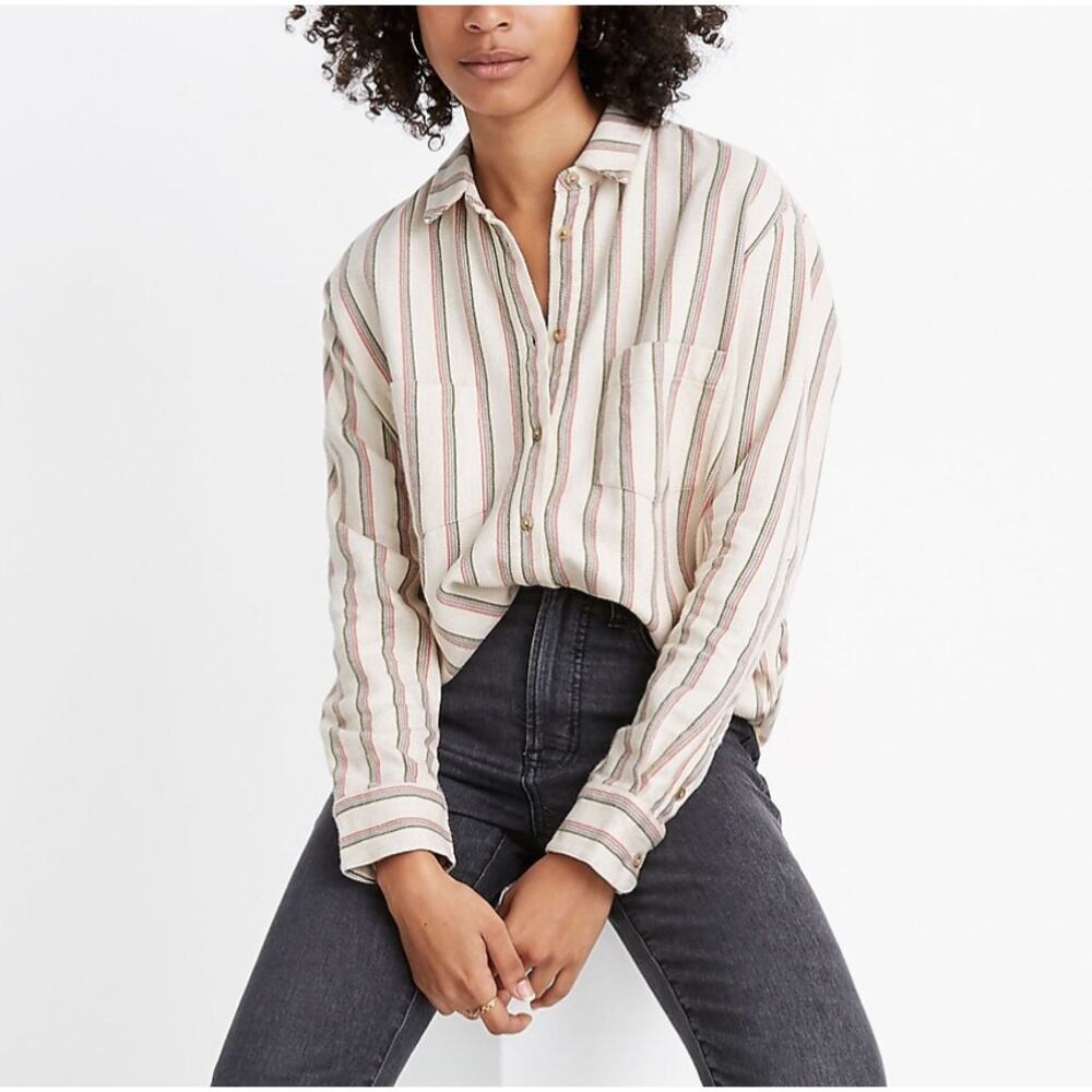 Madewell Striped Button Down Shirt - Cream and Brown